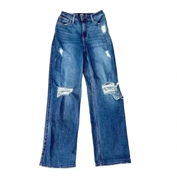 Hollister Ultra High-Rise Distressed Dad Jeans | Sz 25 Relaxed Fit Blue Denim - Picture 1 of 7